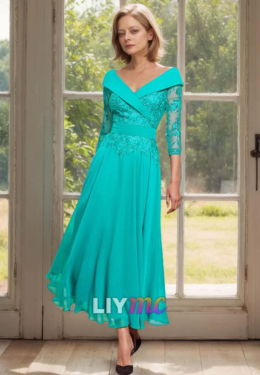 M1158 - V-Neck Long Sleeves Lace Appliques Pleated A-Line Mother of Bride Wedding Guest Dress