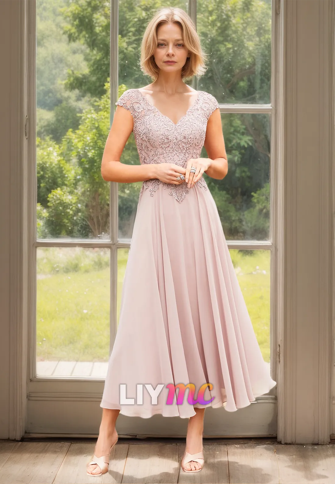 M1160 - V-Neck Cap Sleeves Appliques Pleated A-Line Mother of Bride Wedding Guest Dress