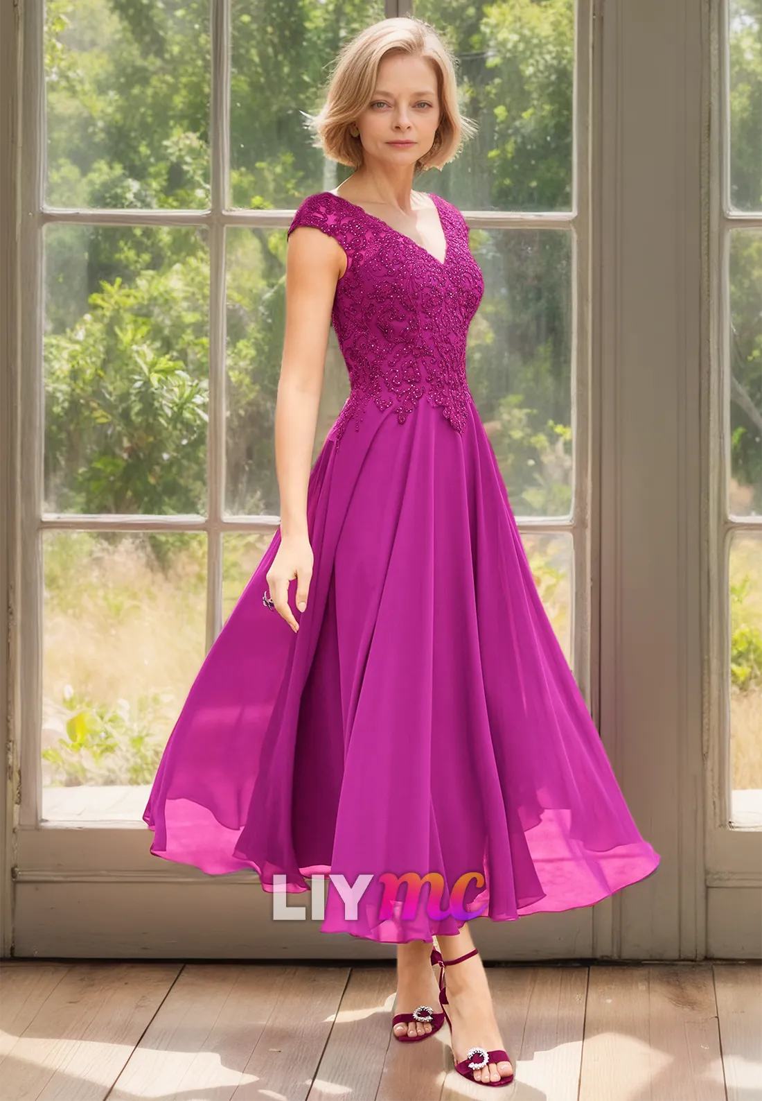 M1160 - V-Neck Cap Sleeves Appliques Pleated A-Line Mother of Bride Wedding Guest Dress