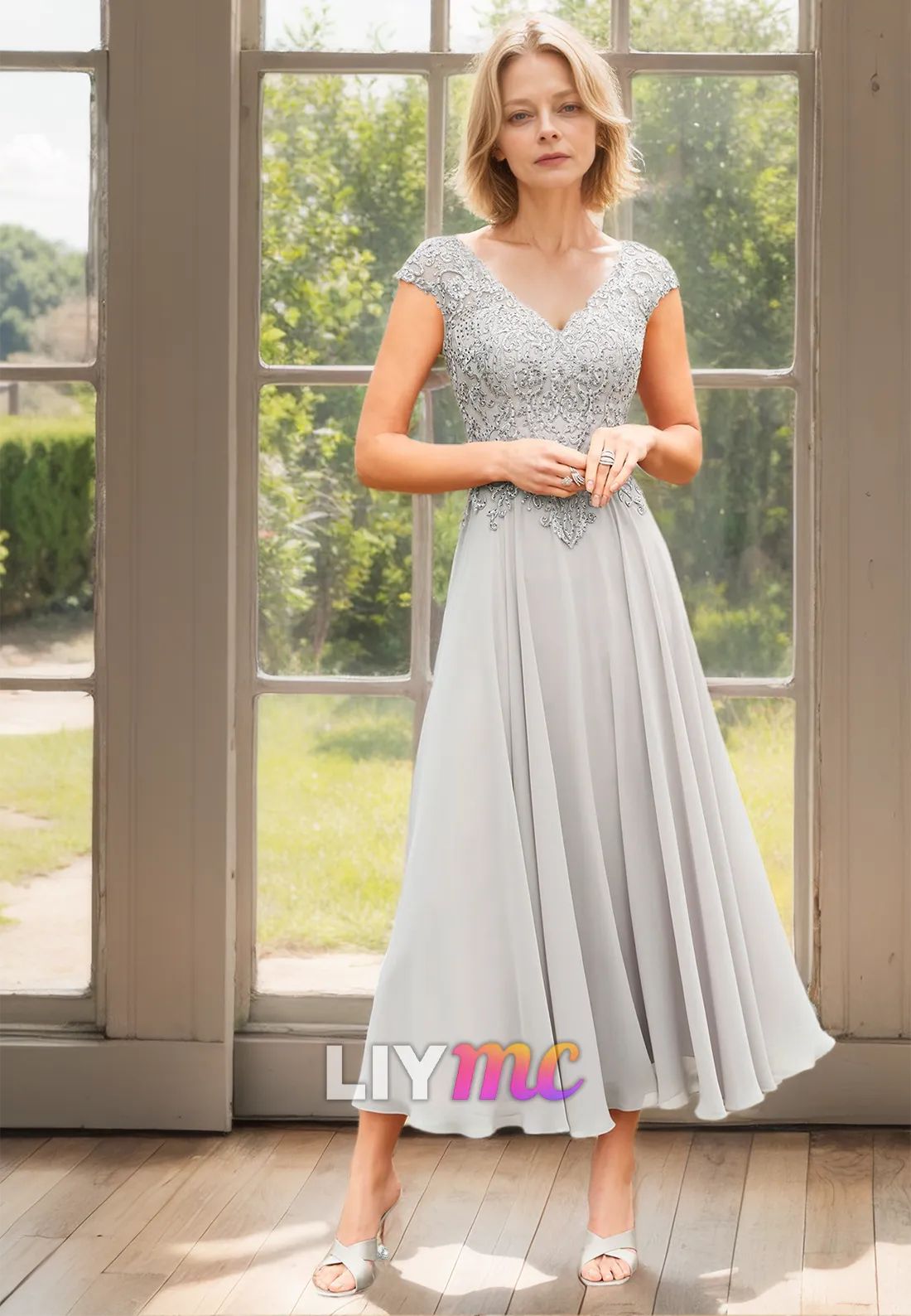 M1160 - V-Neck Cap Sleeves Appliques Pleated A-Line Mother of Bride Wedding Guest Dress