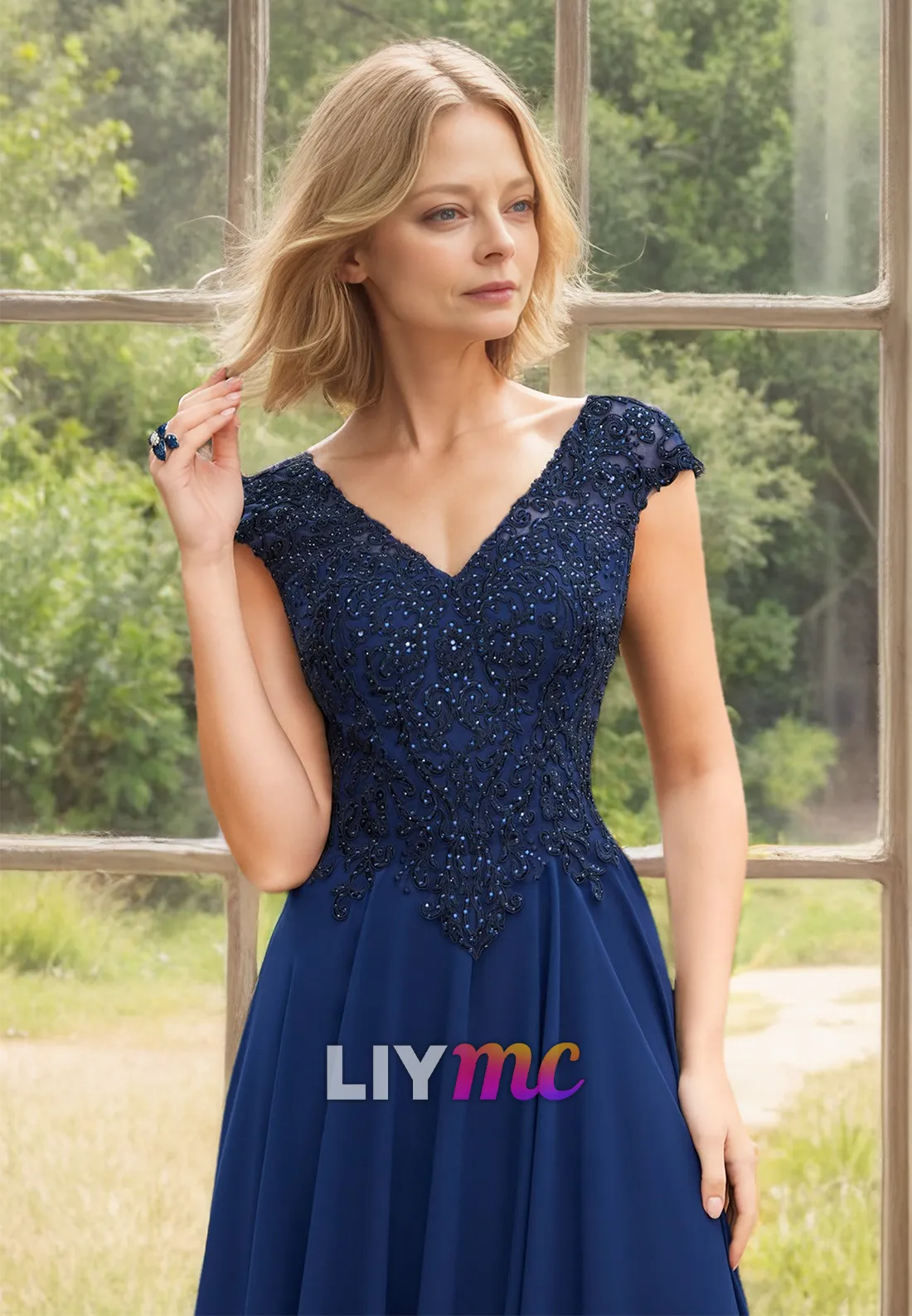 M1160 - V-Neck Cap Sleeves Appliques Pleated A-Line Mother of Bride Wedding Guest Dress