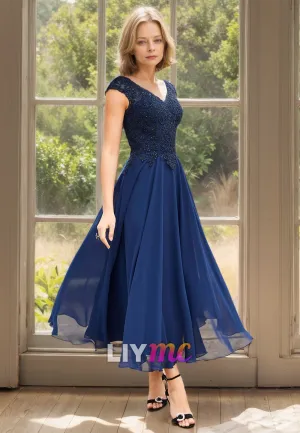 M1160 - V-Neck Cap Sleeves Appliques Pleated A-Line Mother of Bride Wedding Guest Dress