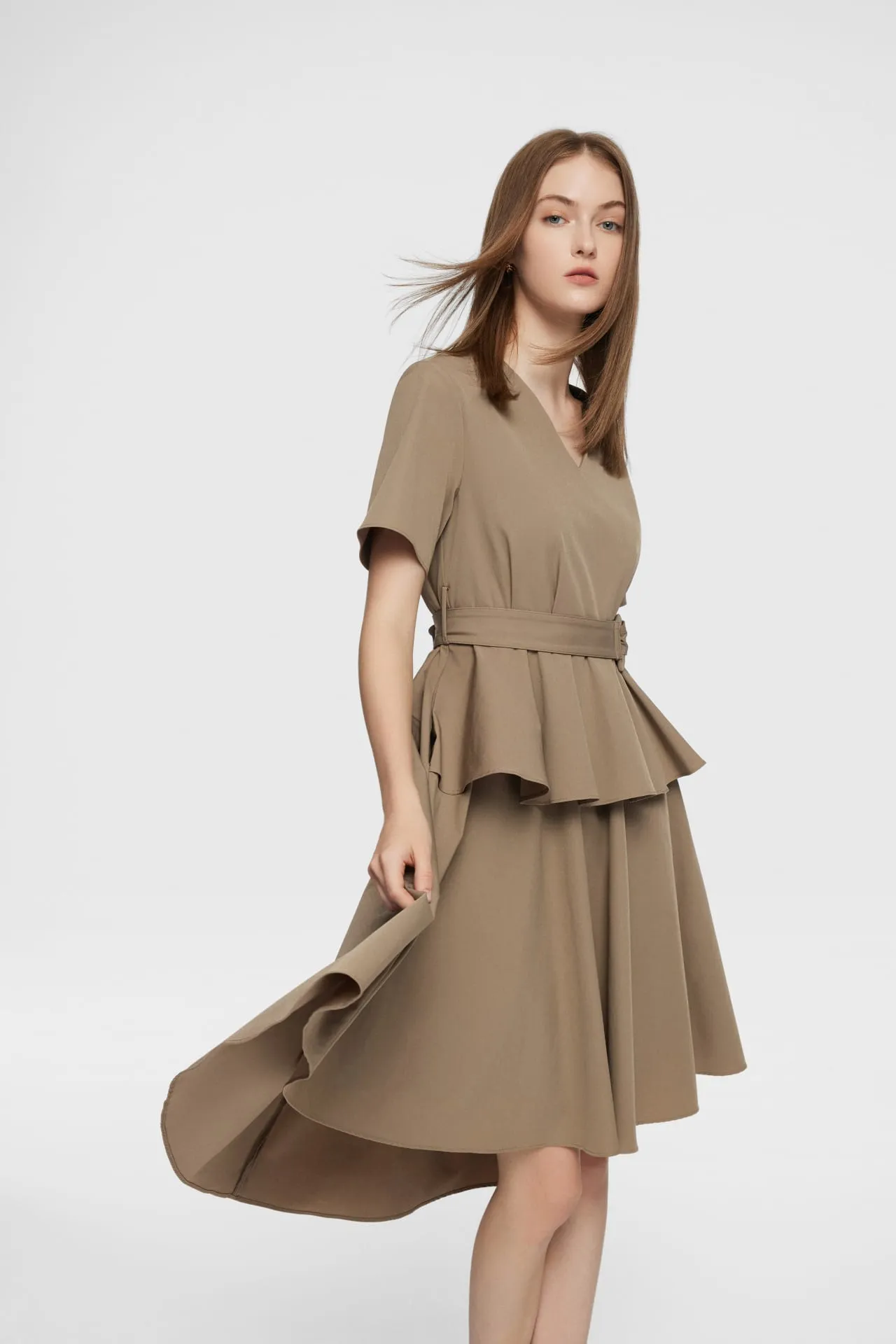 Maxine V-neck Ruffled Dress with cloth belt