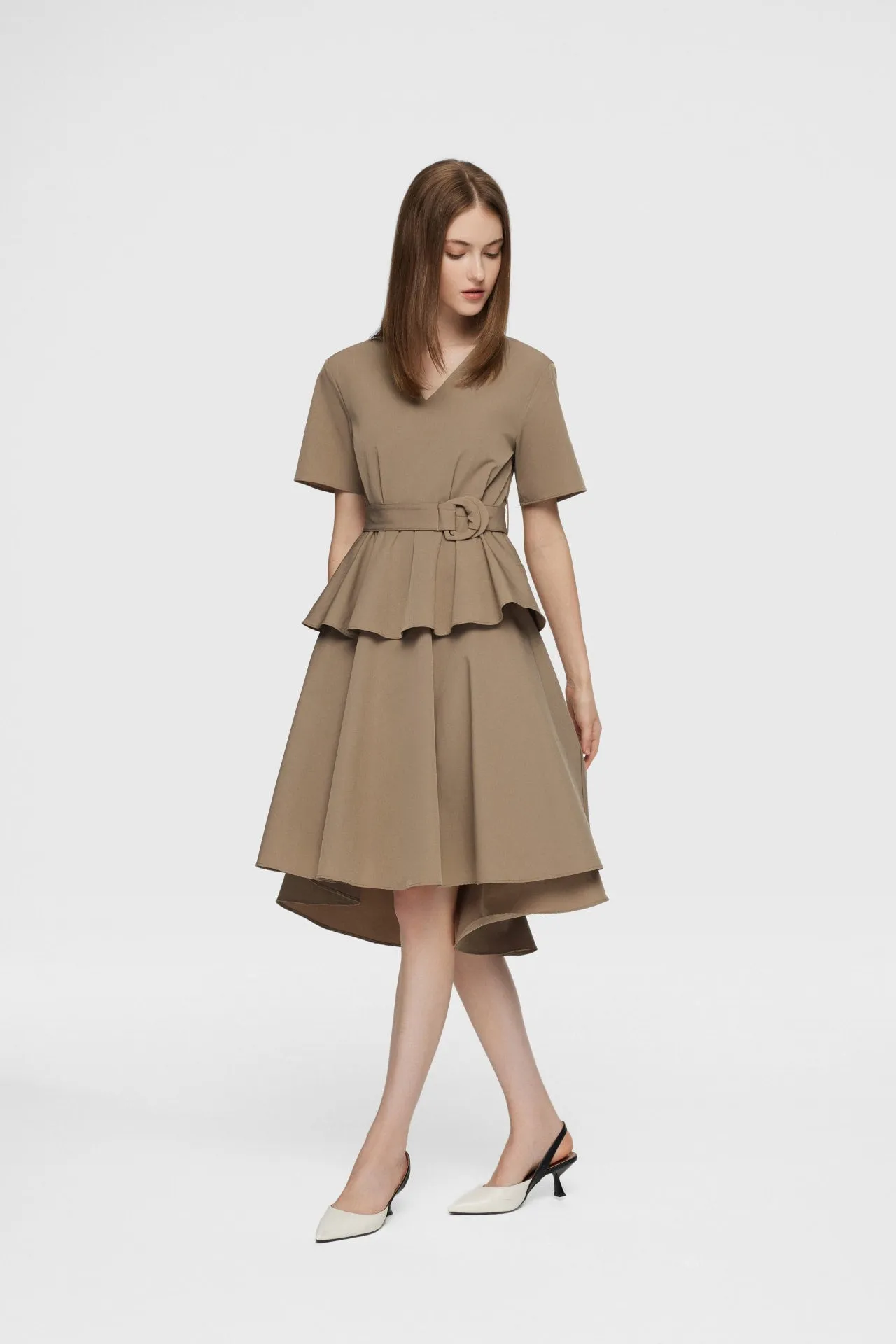 Maxine V-neck Ruffled Dress with cloth belt