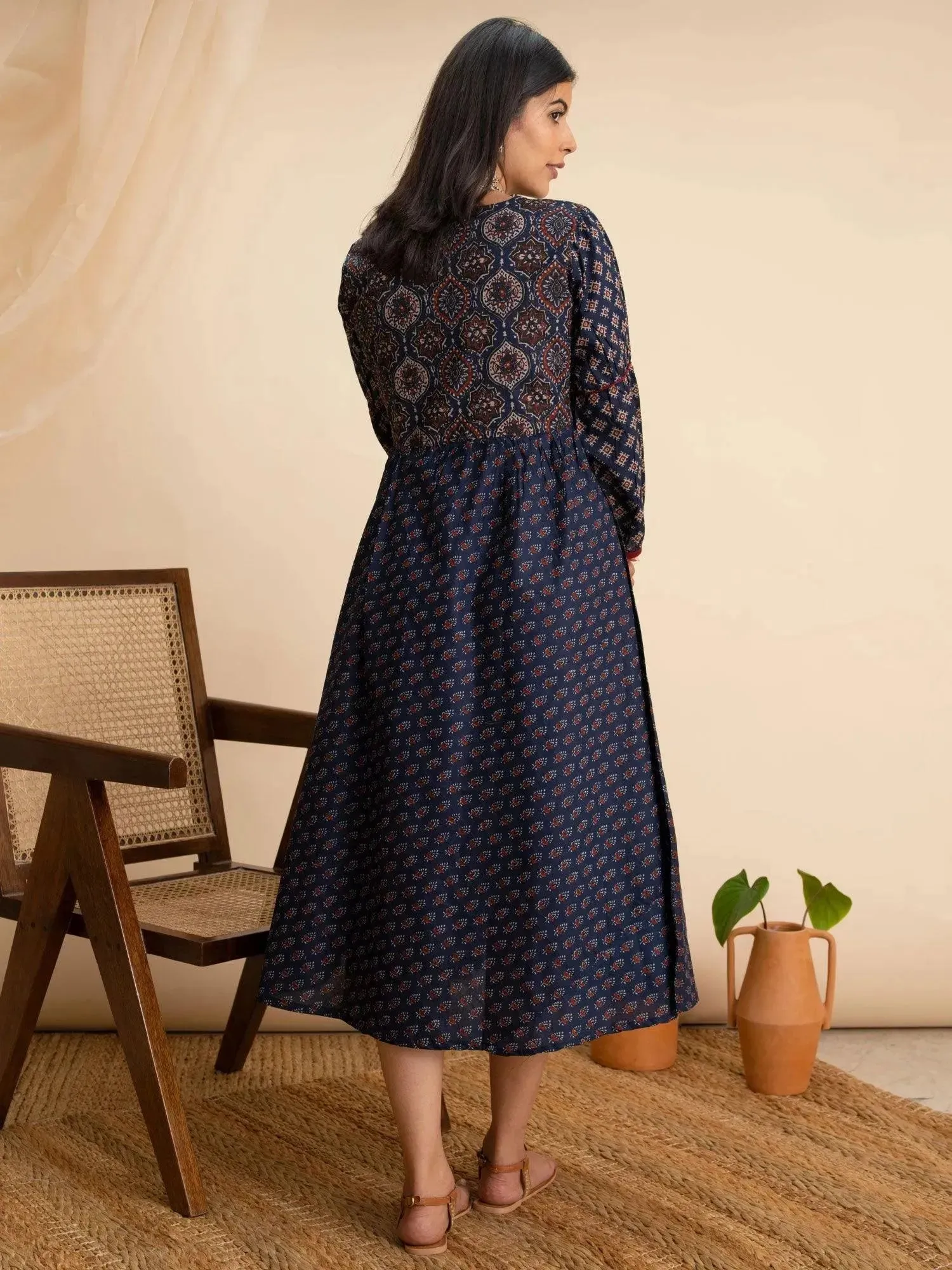 Navy Blue Printed Cotton Dress