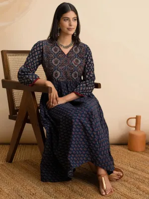 Navy Blue Printed Cotton Dress