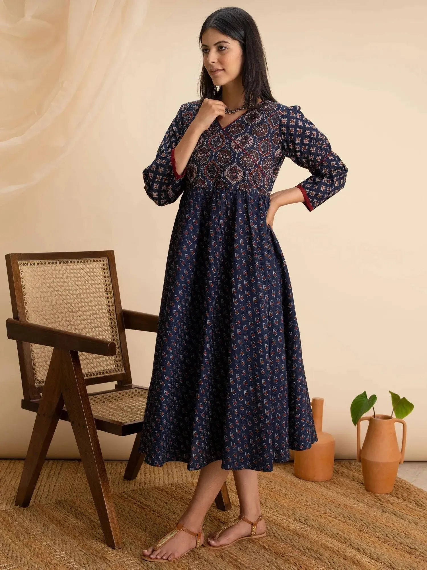 Navy Blue Printed Cotton Dress