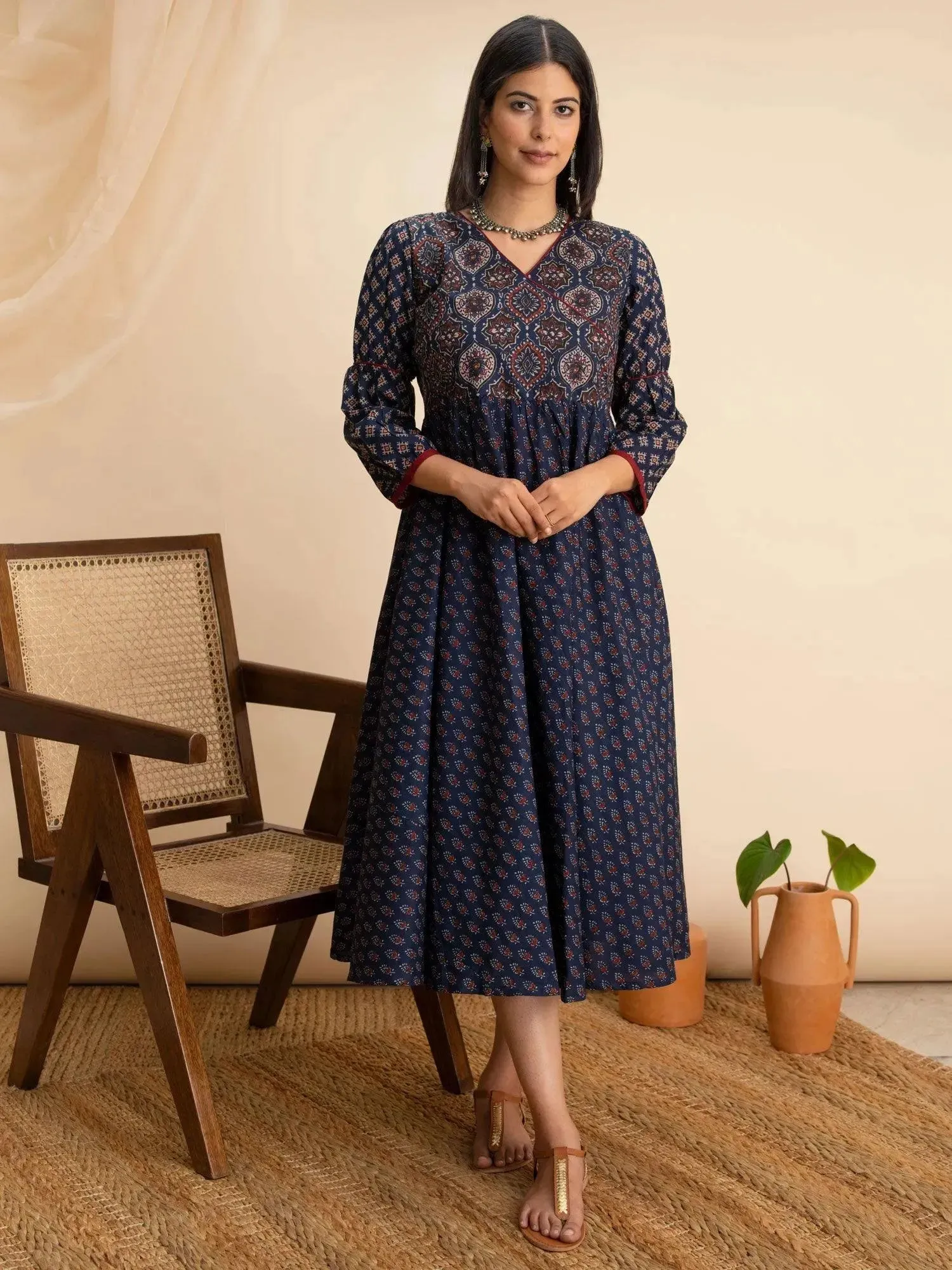 Navy Blue Printed Cotton Dress