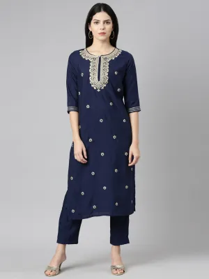Neeru's Navy Blue Regular Straight Embroidered Kurta And Trousers