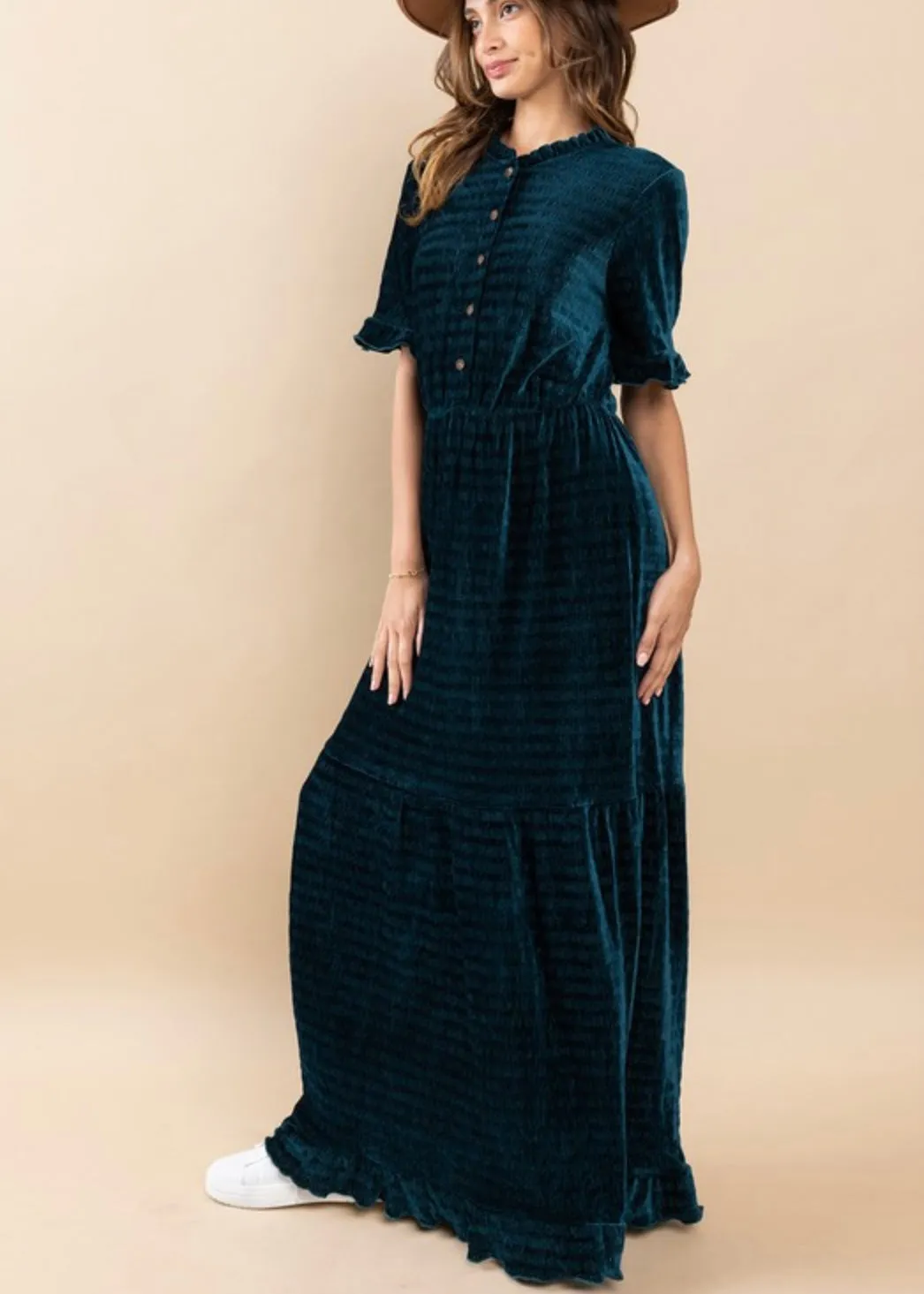 Odense, women’s velvet striped maxi dress, Dark Teal