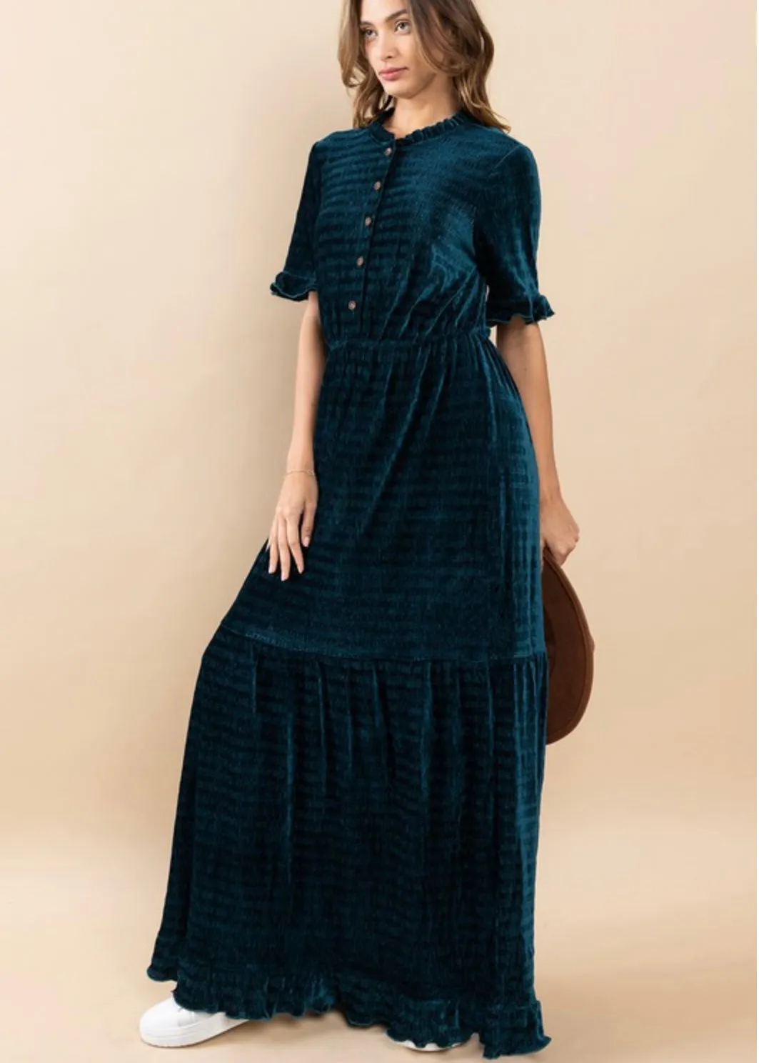 Odense, women’s velvet striped maxi dress, Dark Teal
