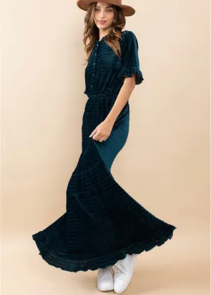 Odense, women’s velvet striped maxi dress, Dark Teal