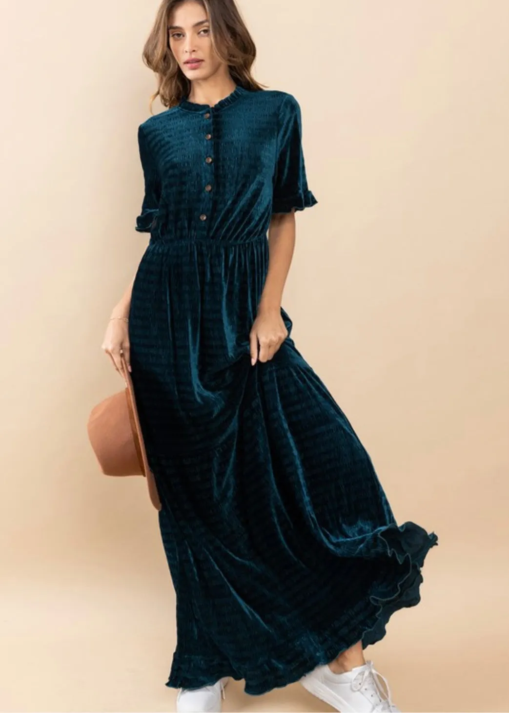 Odense, women’s velvet striped maxi dress, Dark Teal