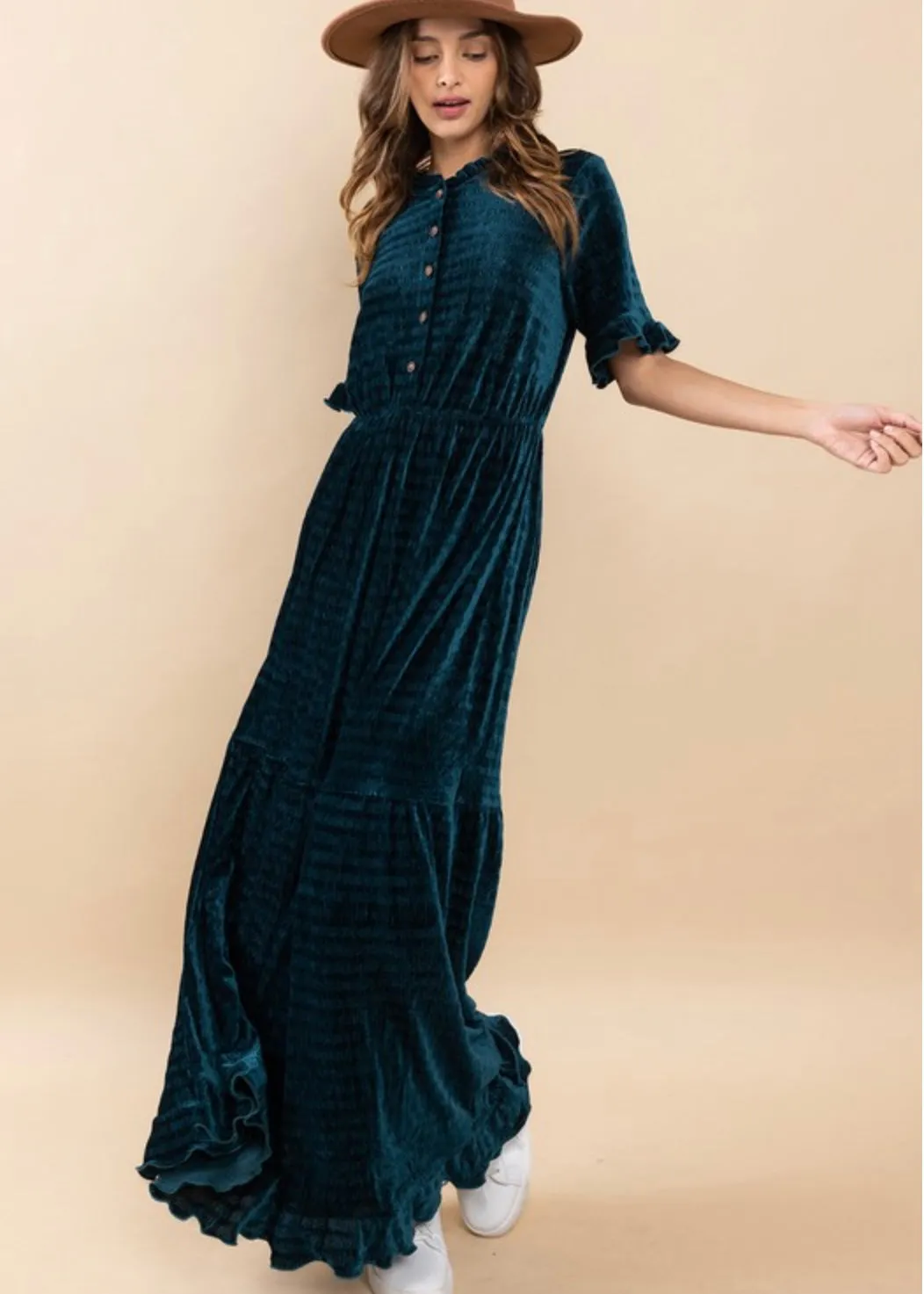 Odense, women’s velvet striped maxi dress, Dark Teal