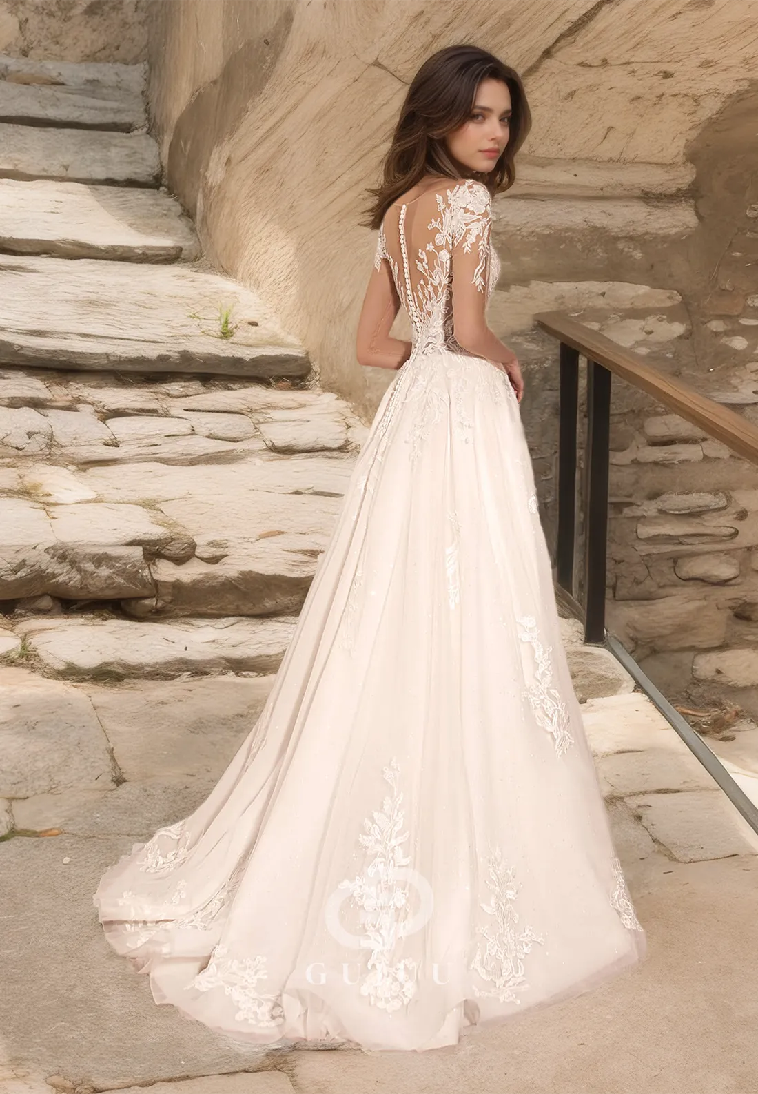 Ornate V-Neck A-Line Tulle Lace Wedding Dress with Lace Appliques