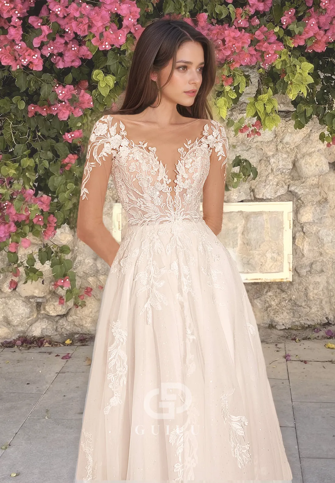 Ornate V-Neck A-Line Tulle Lace Wedding Dress with Lace Appliques