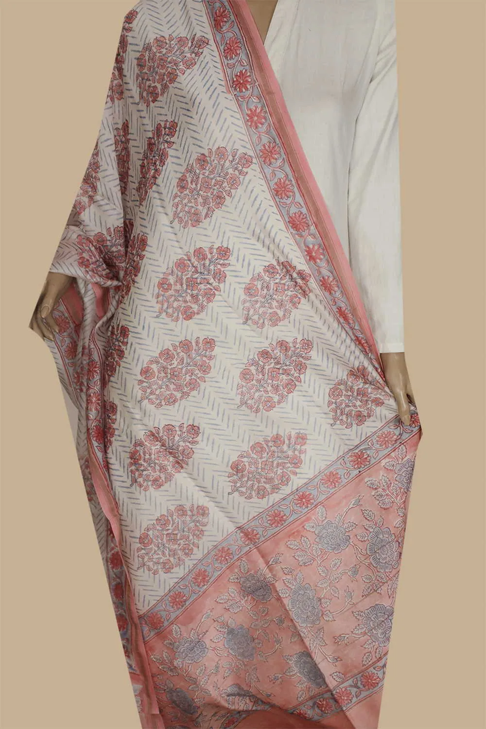 Peach Floral Butta on Cream Silk Cotton Dupatta