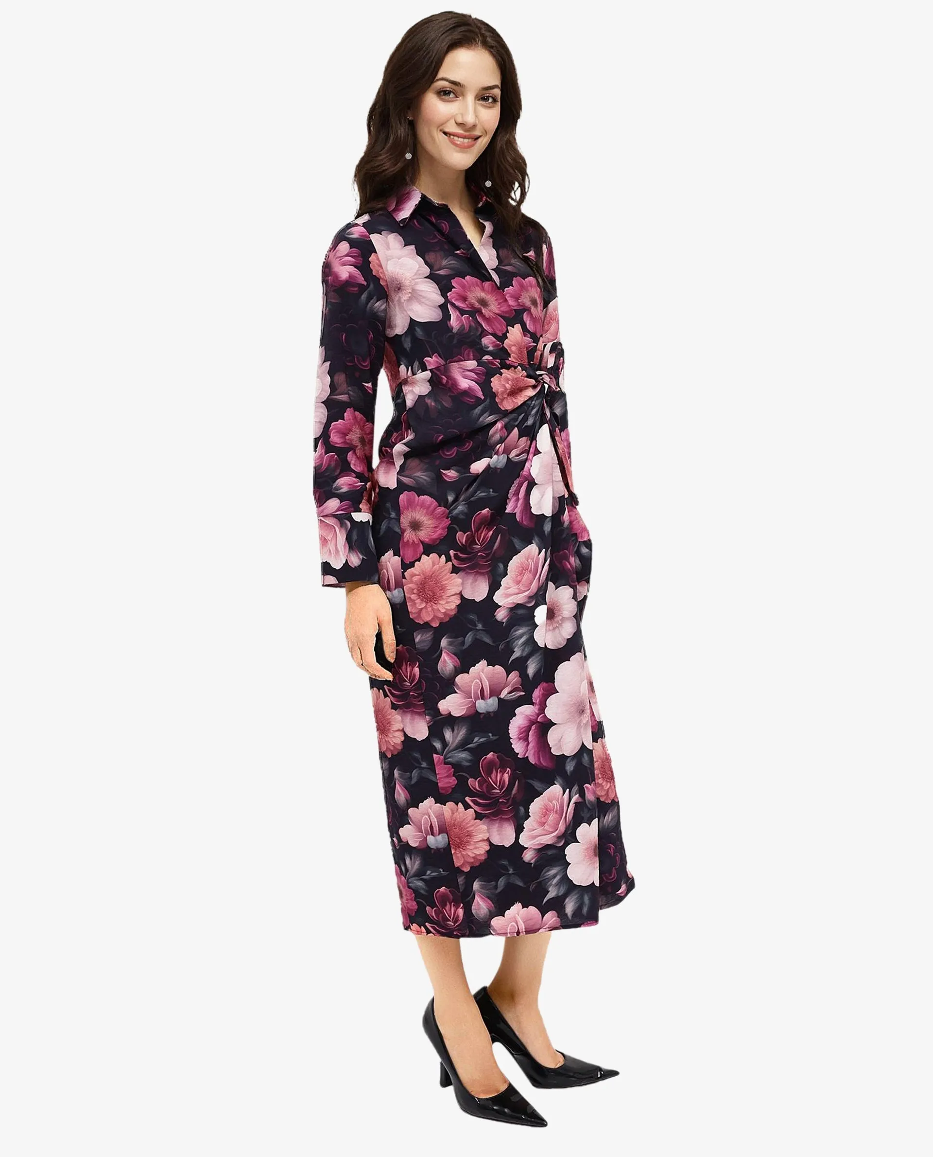 Rareism Women Frastio Black Extended Sleeves Collared Neck Tie Up Closure Straight Fit Maxi Floral Print Dress