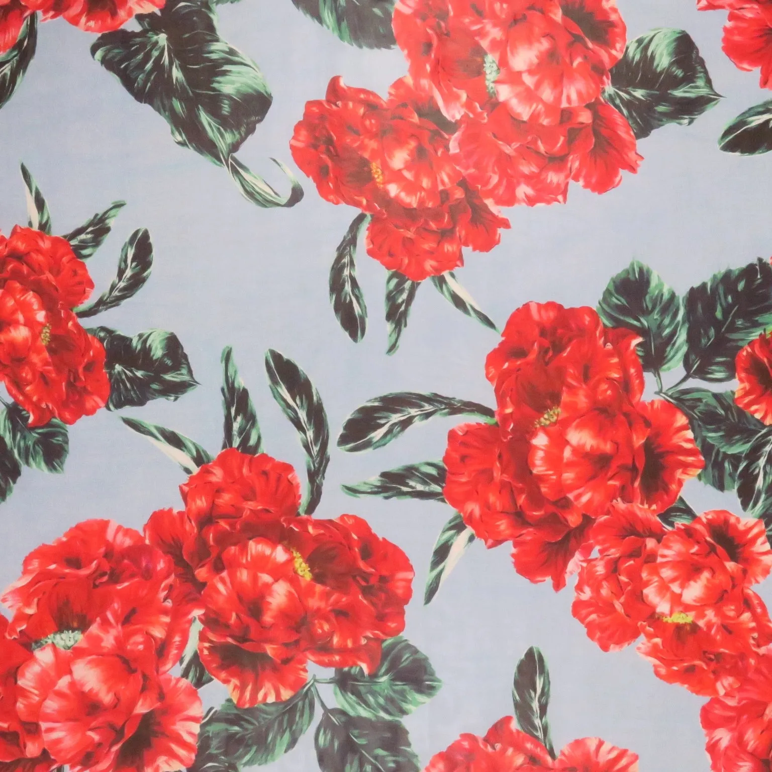 Red and Green Florals on Sky Blue Background Printed Silk Chiffon Fabric