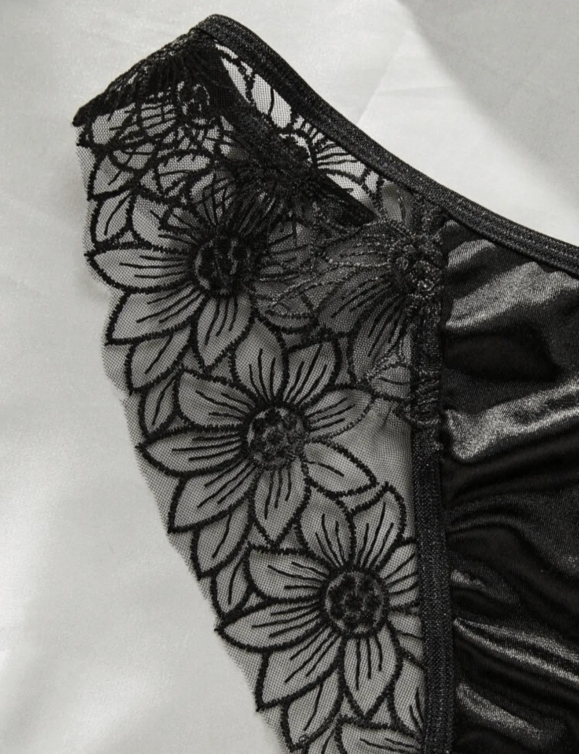 Silk Black Lingerie Set Embroidered Floral Trim