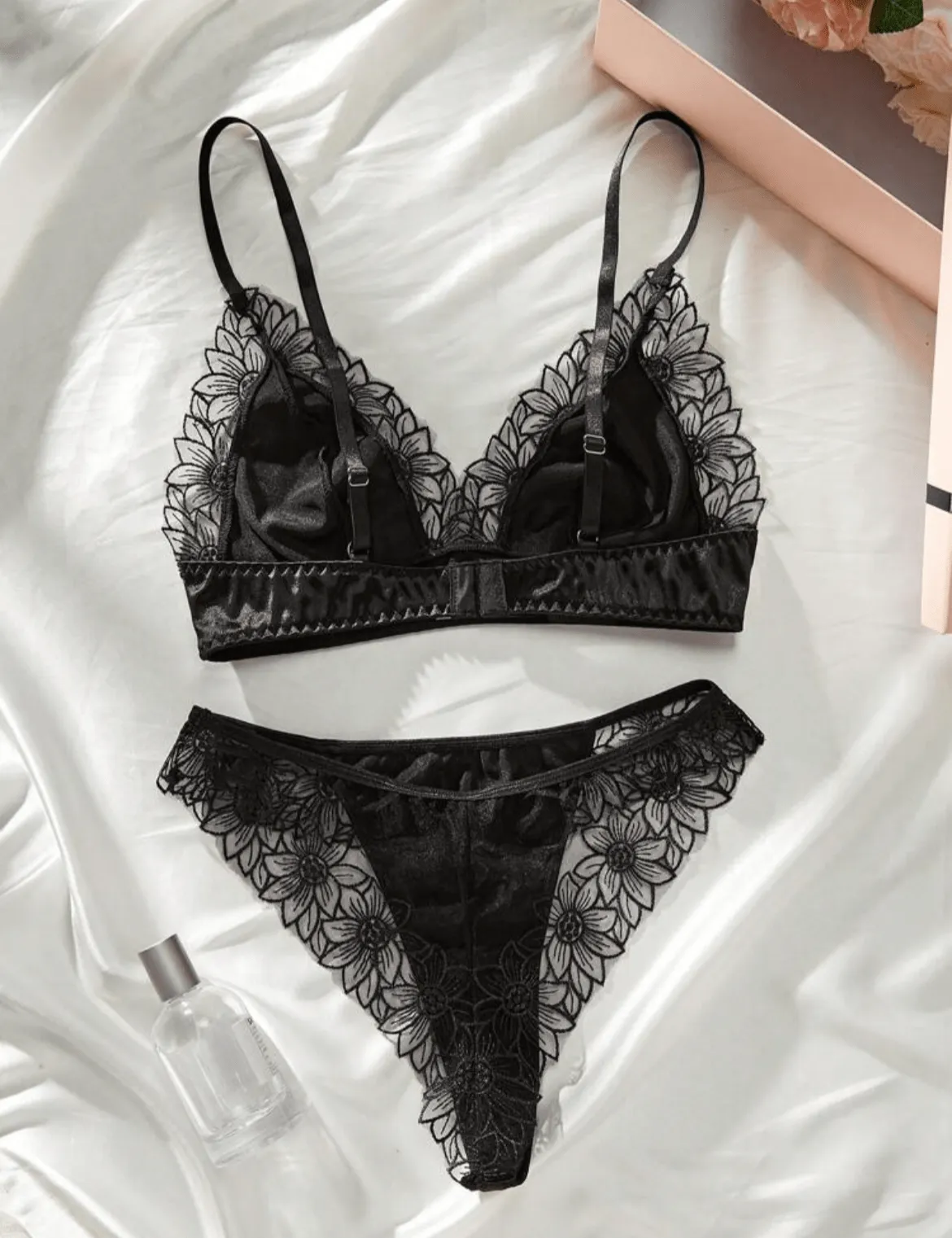 Silk Black Lingerie Set Embroidered Floral Trim