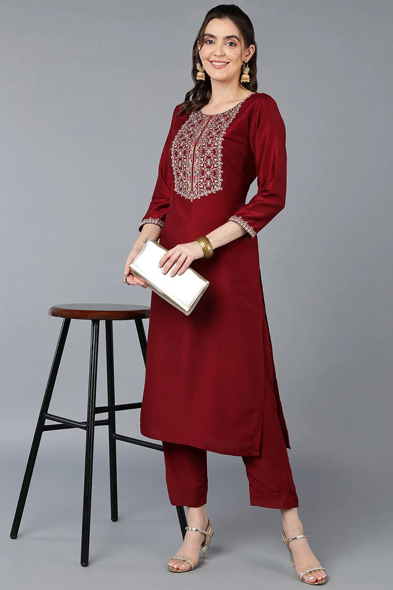 Silk Blend Maroon Embroidered Straight Kurta
