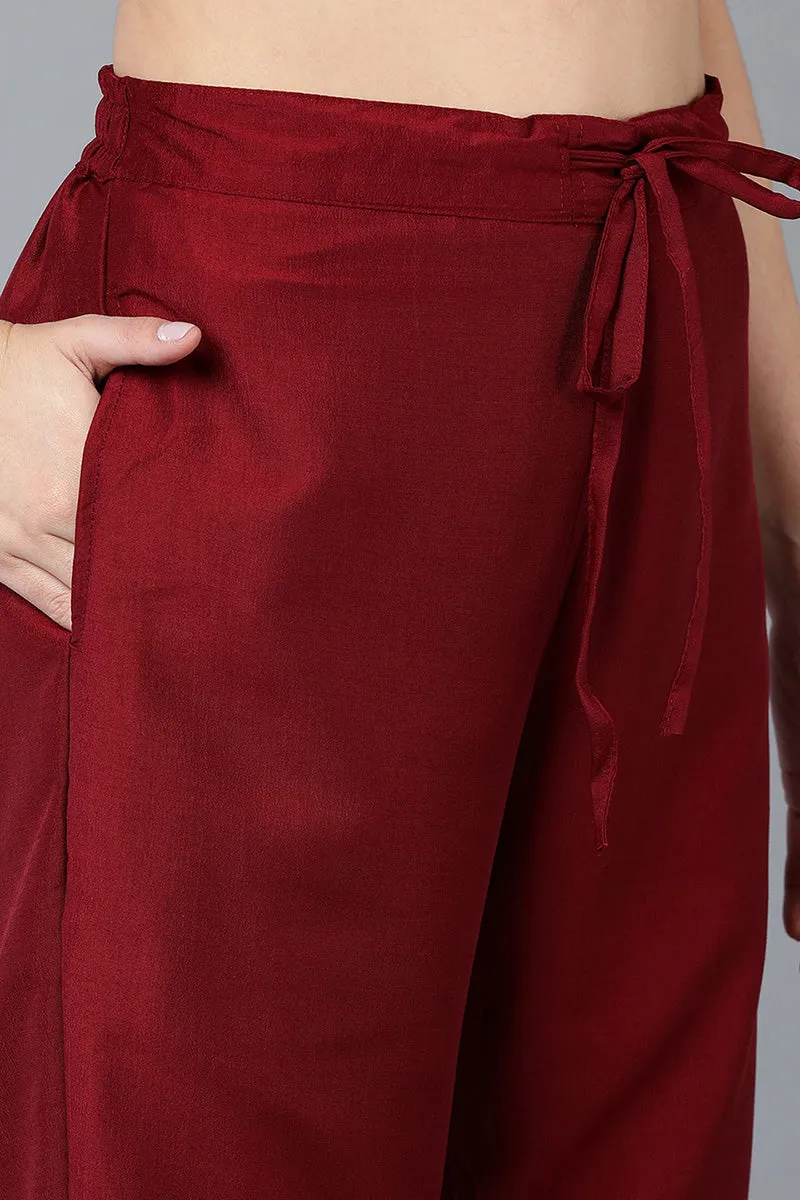 Silk Blend Maroon Embroidered Straight Kurta