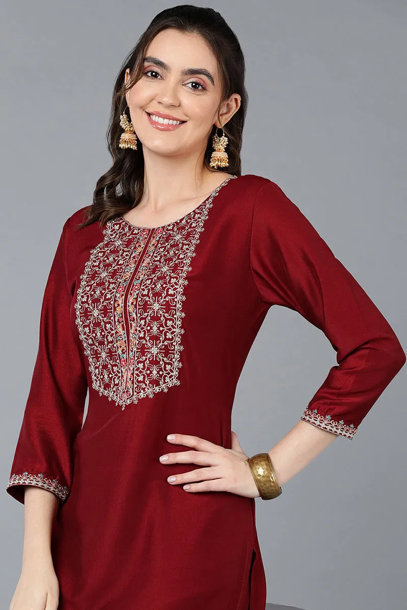 Silk Blend Maroon Embroidered Straight Kurta