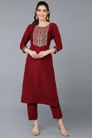 Silk Blend Maroon Embroidered Straight Kurta