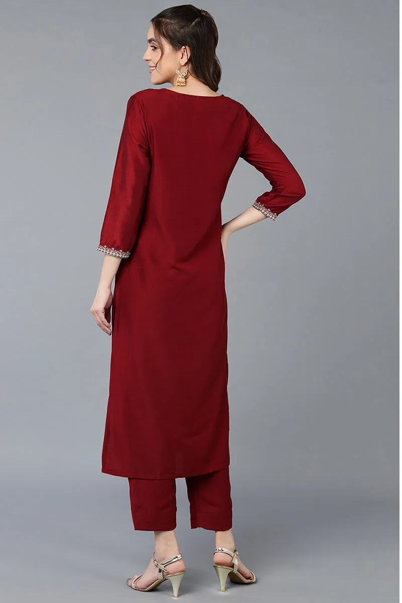Silk Blend Maroon Embroidered Straight Kurta