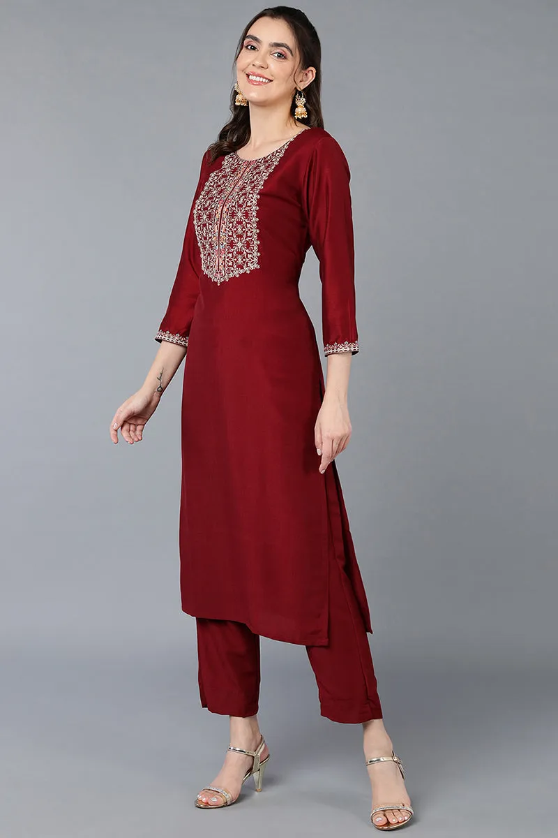 Silk Blend Maroon Embroidered Straight Kurta