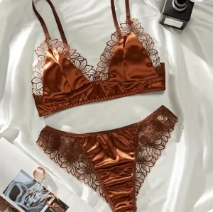 Silk Brown Lingerie Set Embroidered Floral Trim