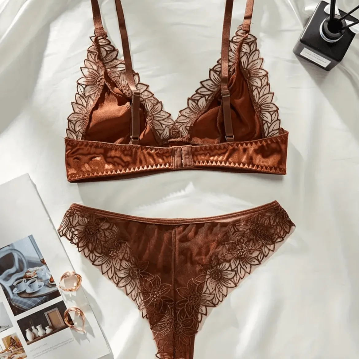 Silk Brown Lingerie Set Embroidered Floral Trim