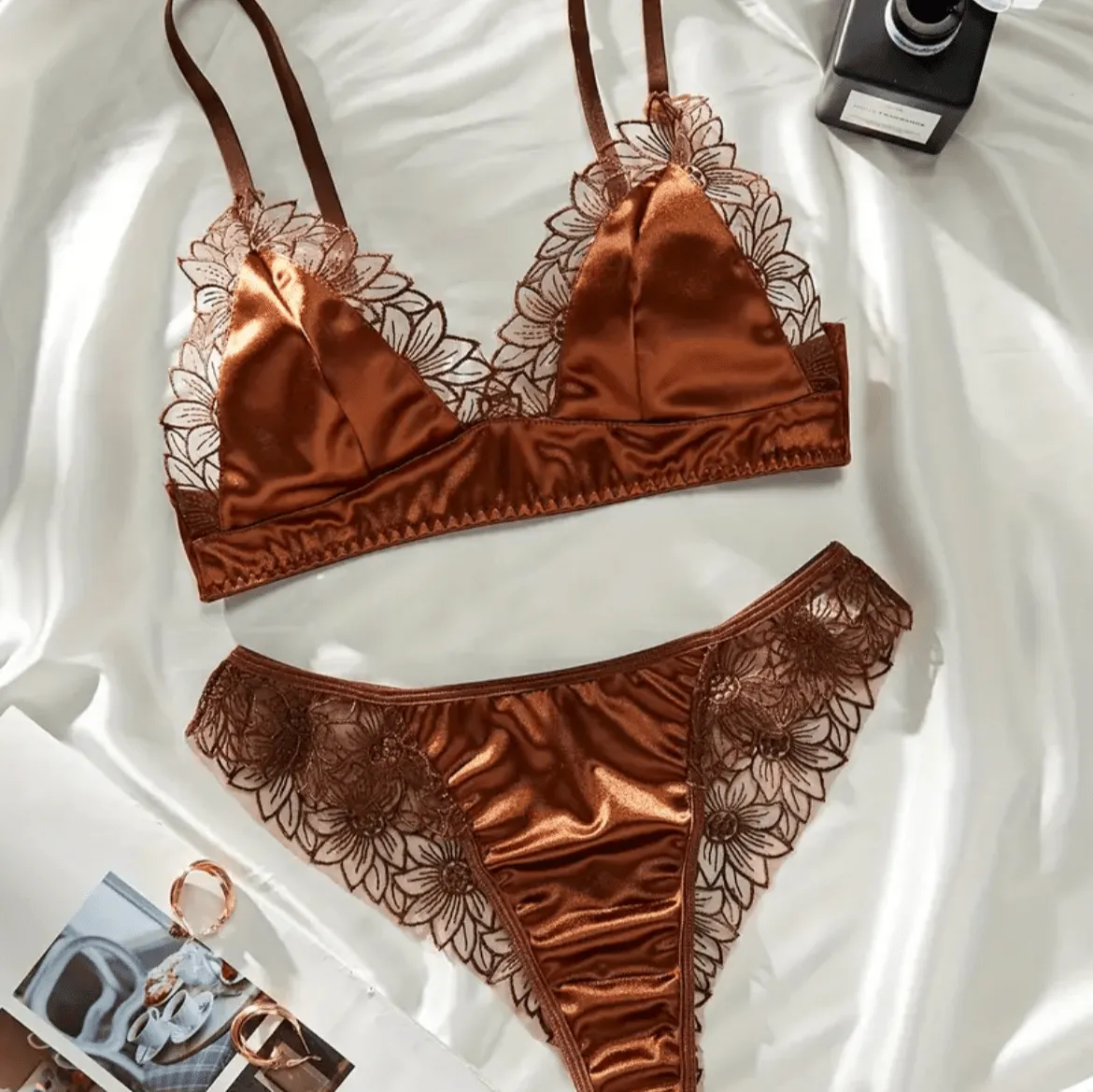 Silk Brown Lingerie Set Embroidered Floral Trim
