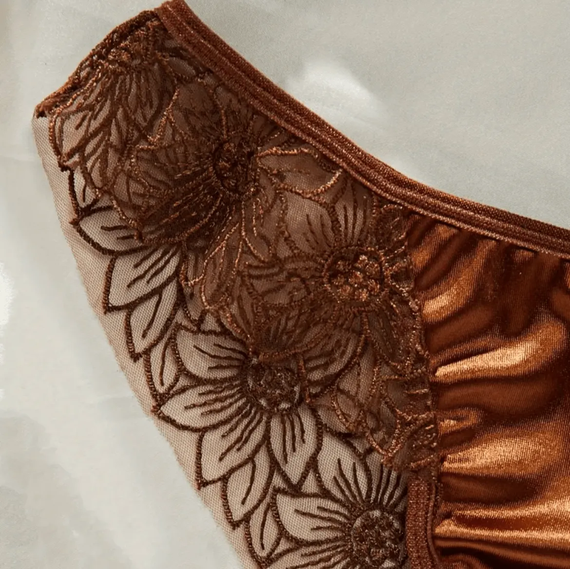 Silk Brown Lingerie Set Embroidered Floral Trim