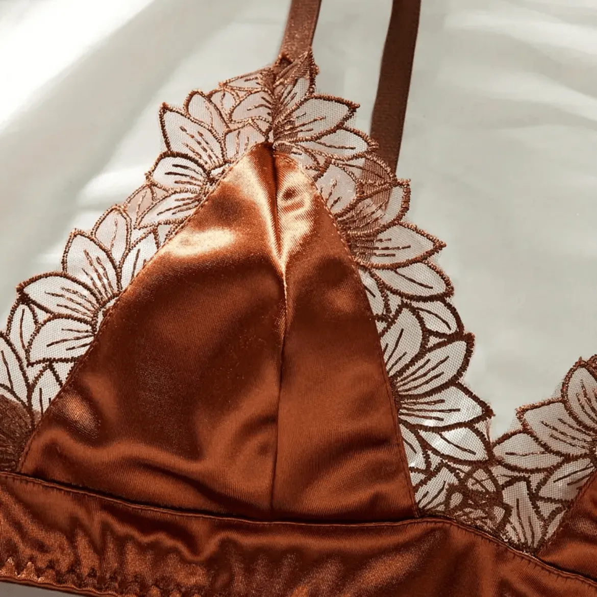 Silk Brown Lingerie Set Embroidered Floral Trim