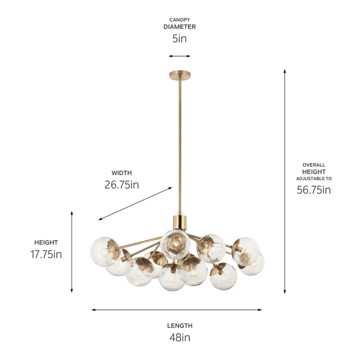 Silvarious 48" 12-Light Convertible Chandelier with Clear Crackle Glass, Champagne Bronze Finish