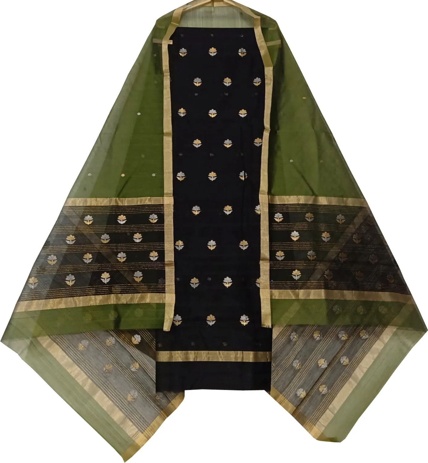 Stylish Black & Green Chanderi Handloom Cotton Silk Suit Set