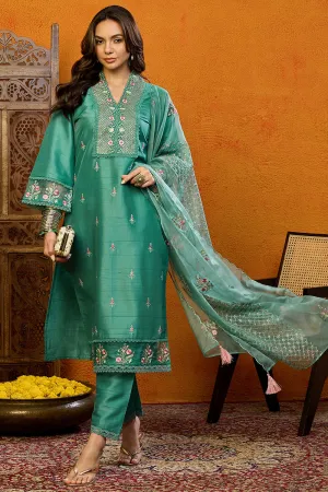 Teal Silk Blend Solid Embroidered Straight Suit Set