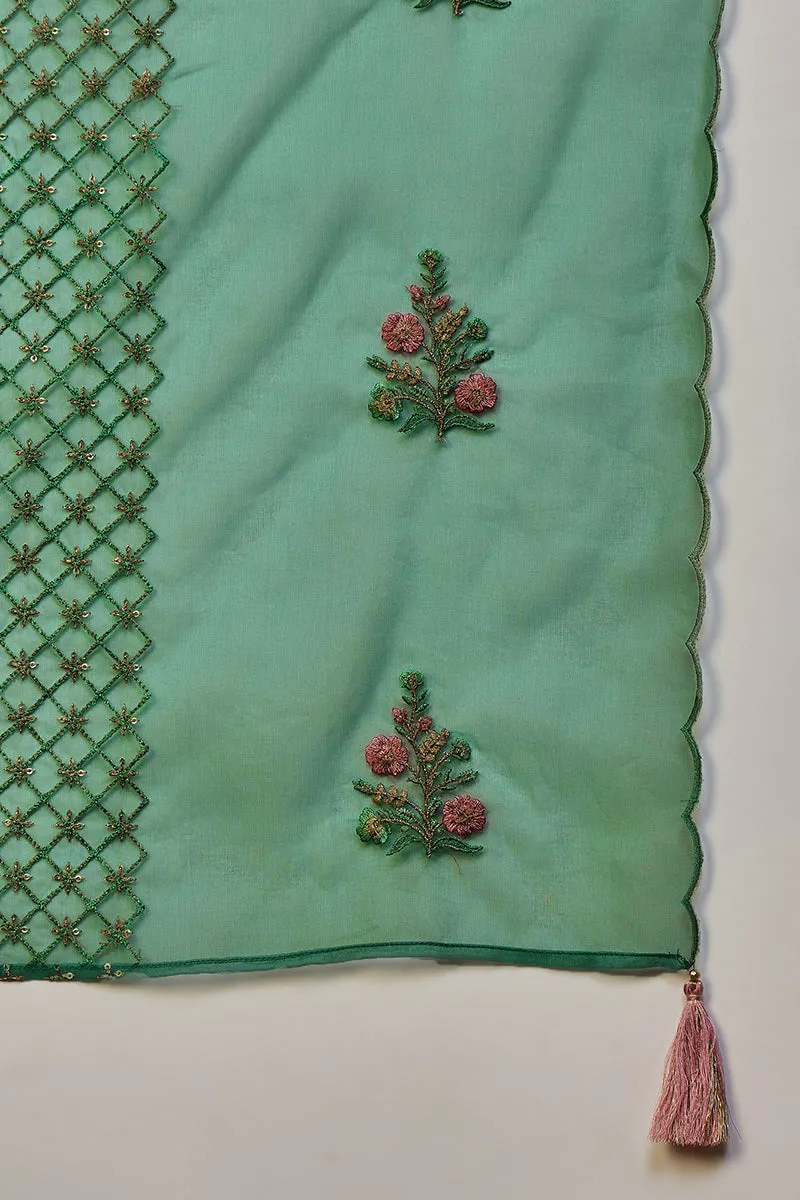 Teal Silk Blend Solid Embroidered Straight Suit Set