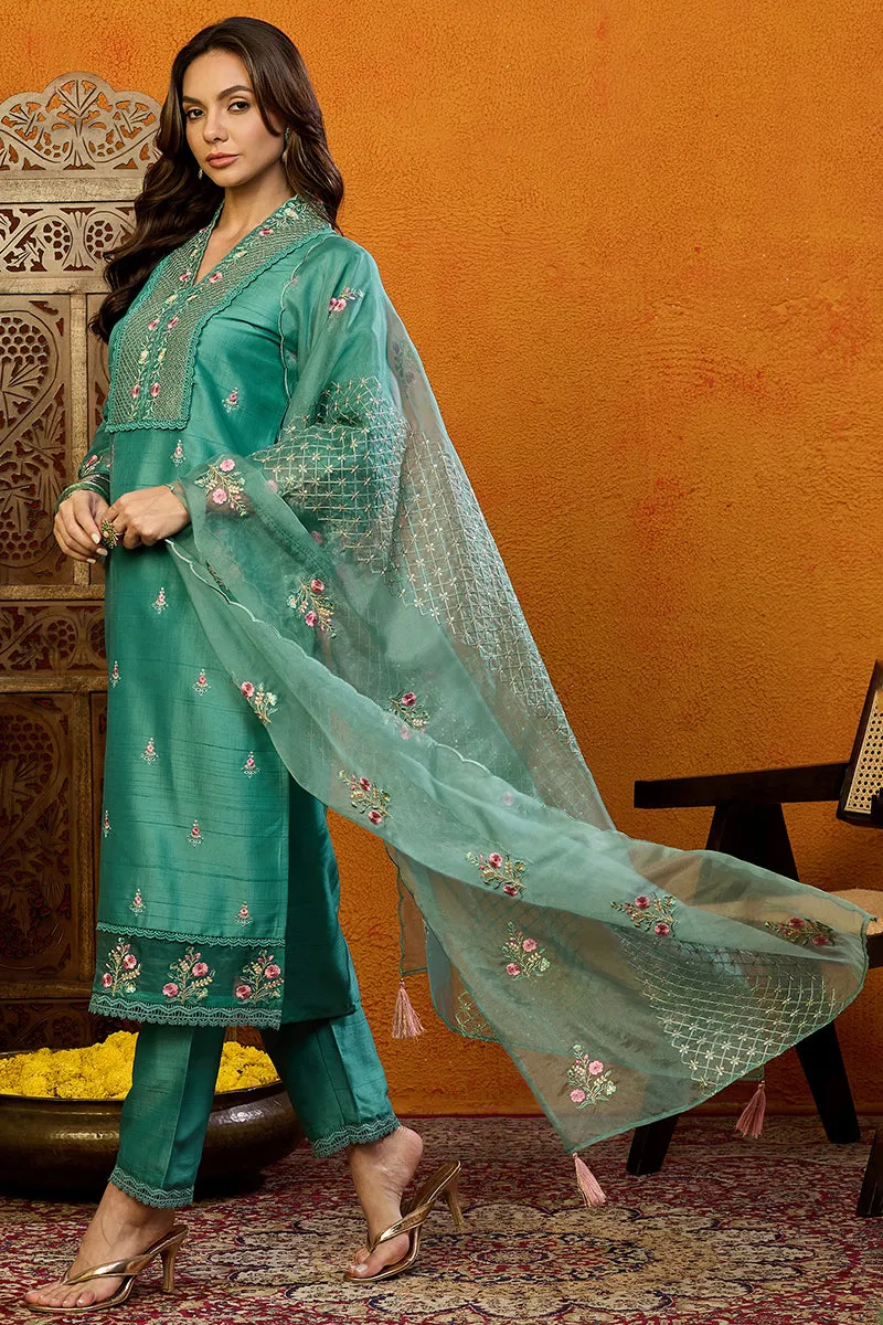 Teal Silk Blend Solid Embroidered Straight Suit Set