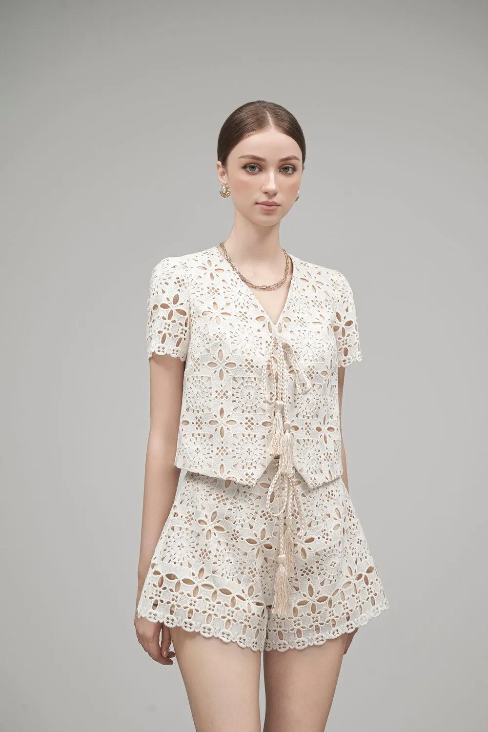 Teresa String V-Neck Embroidered Lace Shirt