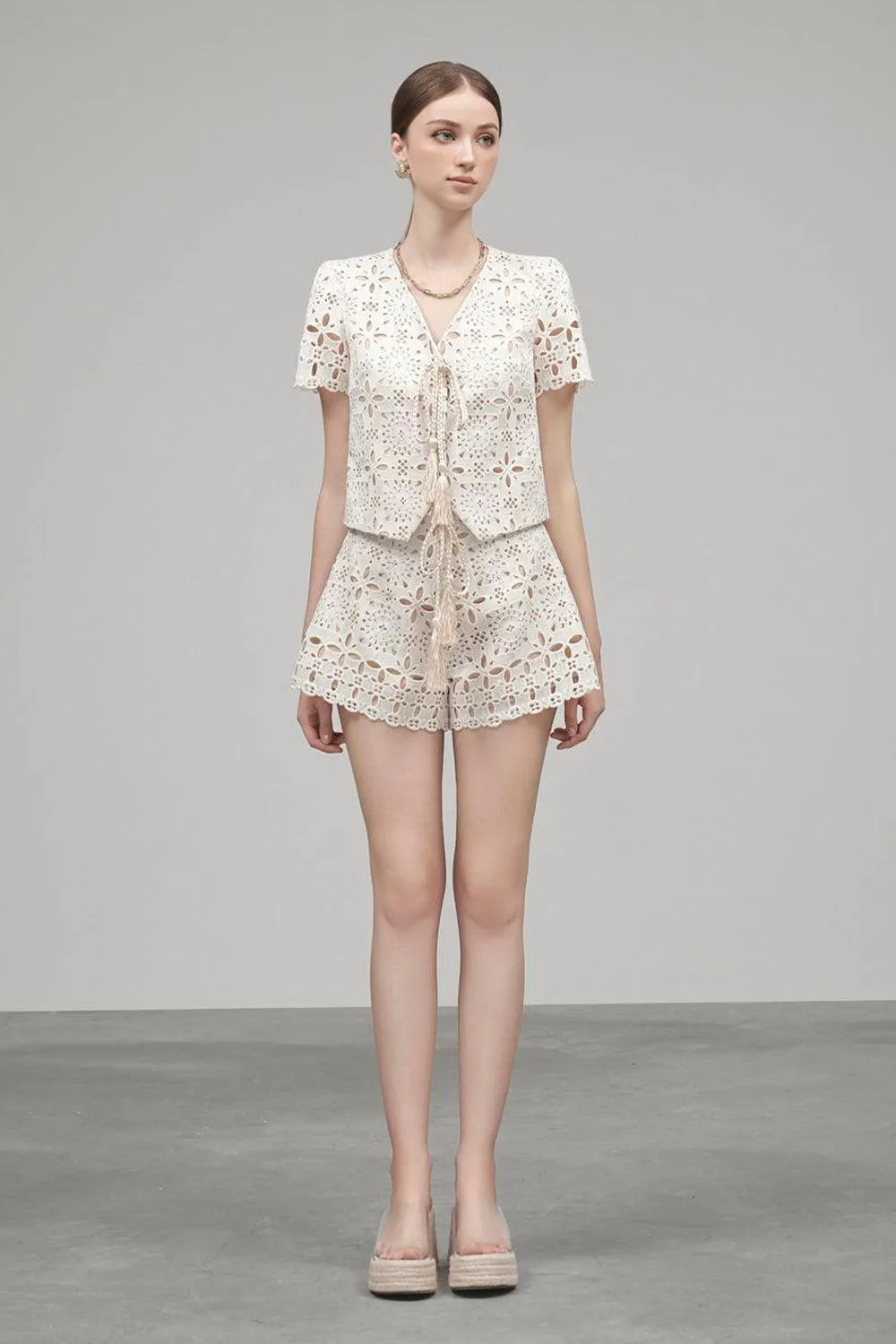 Teresa String V-Neck Embroidered Lace Shirt