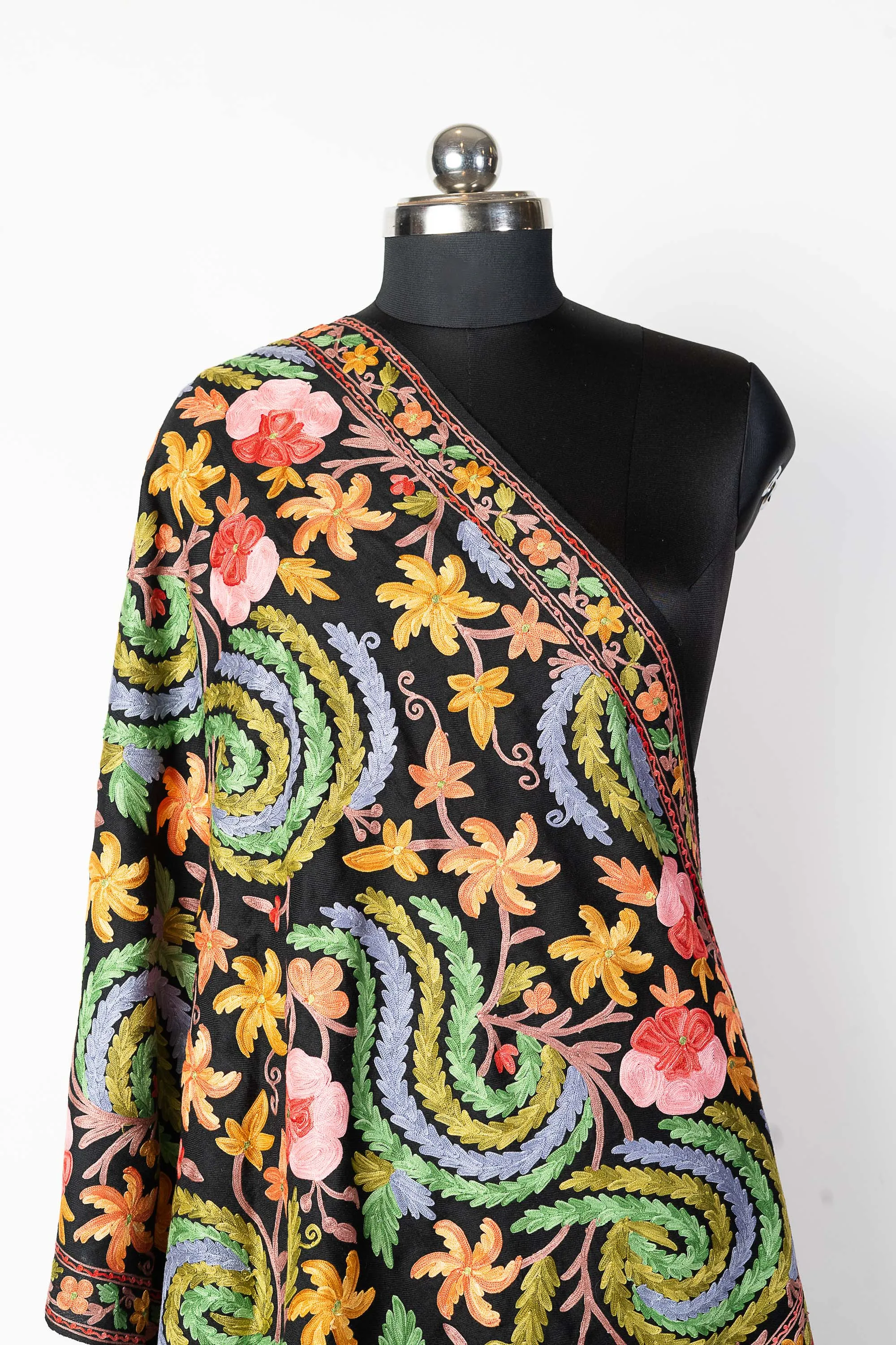 The Black Aari Symphony: Kashmiri Wool Scarf