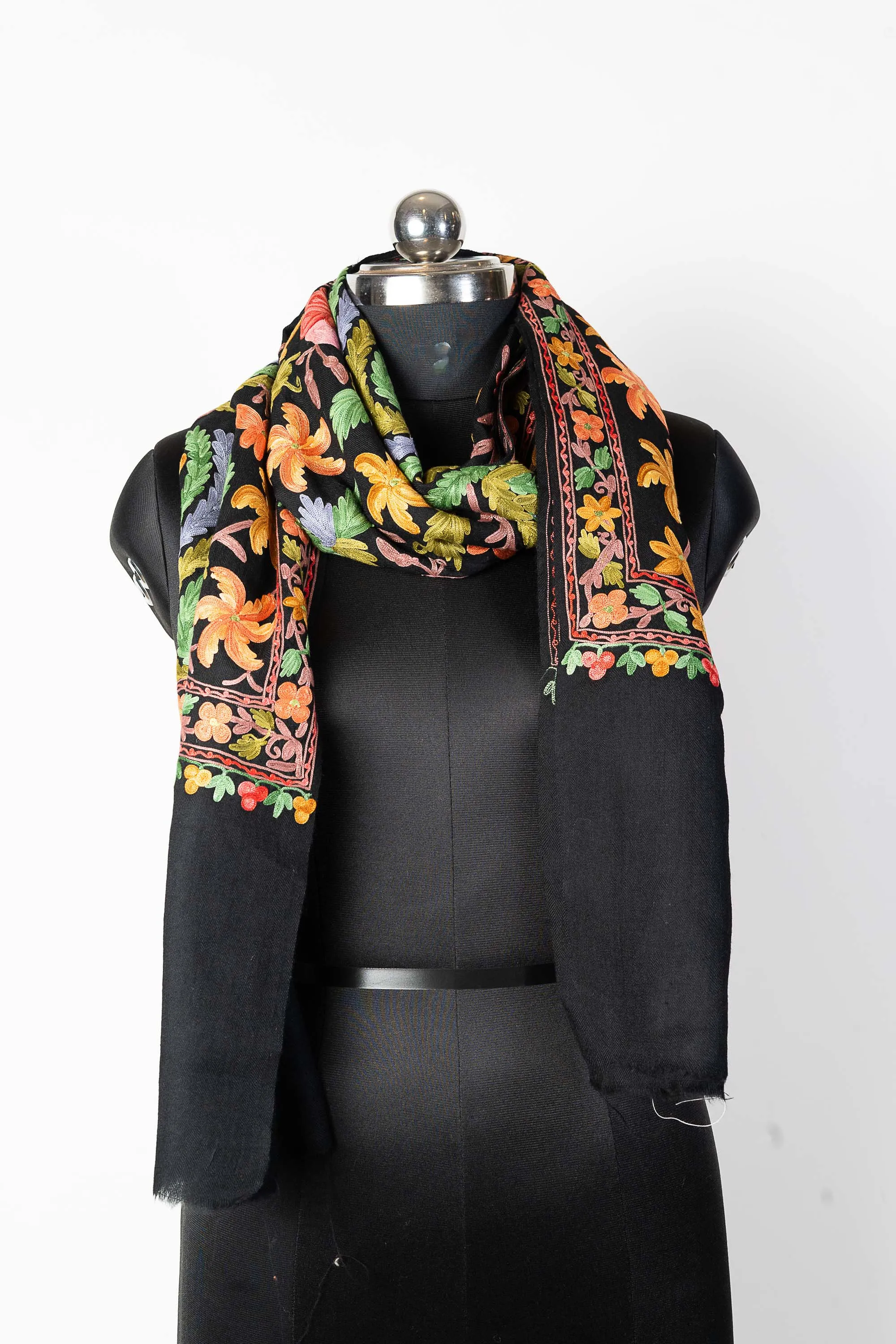 The Black Aari Symphony: Kashmiri Wool Scarf