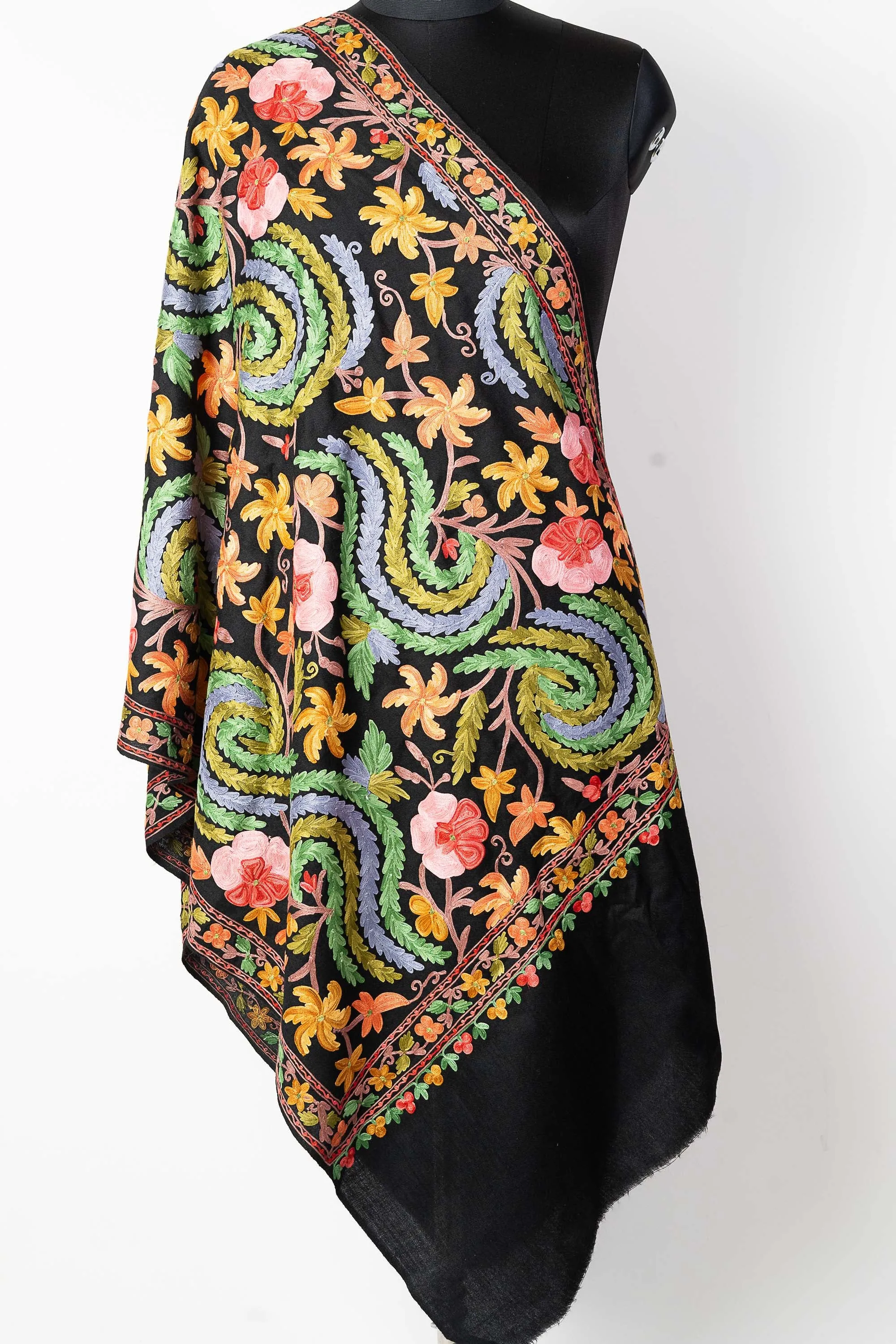 The Black Aari Symphony: Kashmiri Wool Scarf
