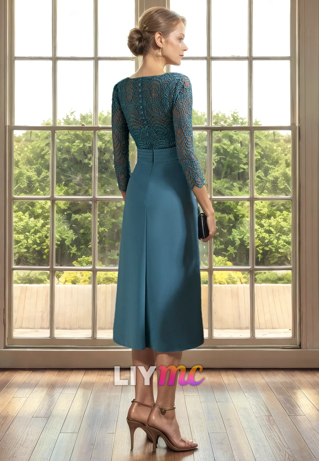 V-Neck Long Sleeves Appliques Ruched Mother of Bride Dress Cocktail Dress