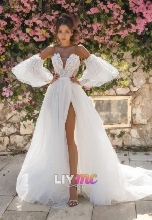 V-Neck Puff Sleeves Floral Embellished Tulle A-Line Wedding Dress