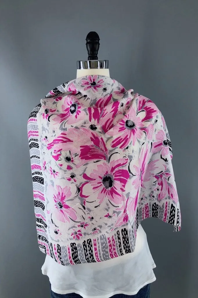 Vintage Pink Floral Print Brico Silk Scarf
