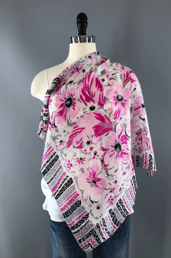 Vintage Pink Floral Print Brico Silk Scarf